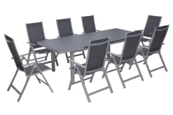 Best Premium Garten-Essgruppe, silber/grau, Alu/Textilene, Ausziehtisch 180/240 x 100 cm, 8 Klappstühle Garten-Essgruppen|Aluminium-Gartenmöbel