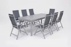 Best Premium Garten-Essgruppe, silber/grau, Alu/Textilene, Ausziehtisch 180/240 x 100 cm, 8 Klappstühle Garten-Essgruppen|Aluminium-Gartenmöbel