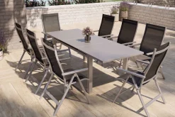 Best Premium Garten-Essgruppe, silber/grau, Alu/Textilene, Ausziehtisch 180/240 x 100 cm, 8 Klappstühle Garten-Essgruppen|Aluminium-Gartenmöbel