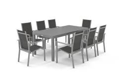 Outlet Premium Garten-Essgruppe, silber/grau, Alu/Textilene, Ausziehtisch 180/240 x 100 cm, 8 Stapelsessel Garten-Essgruppen