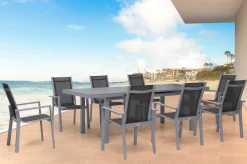 Outlet Premium Garten-Essgruppe, silber/grau, Alu/Textilene, Ausziehtisch 180/240 x 100 cm, 8 Stapelsessel Garten-Essgruppen