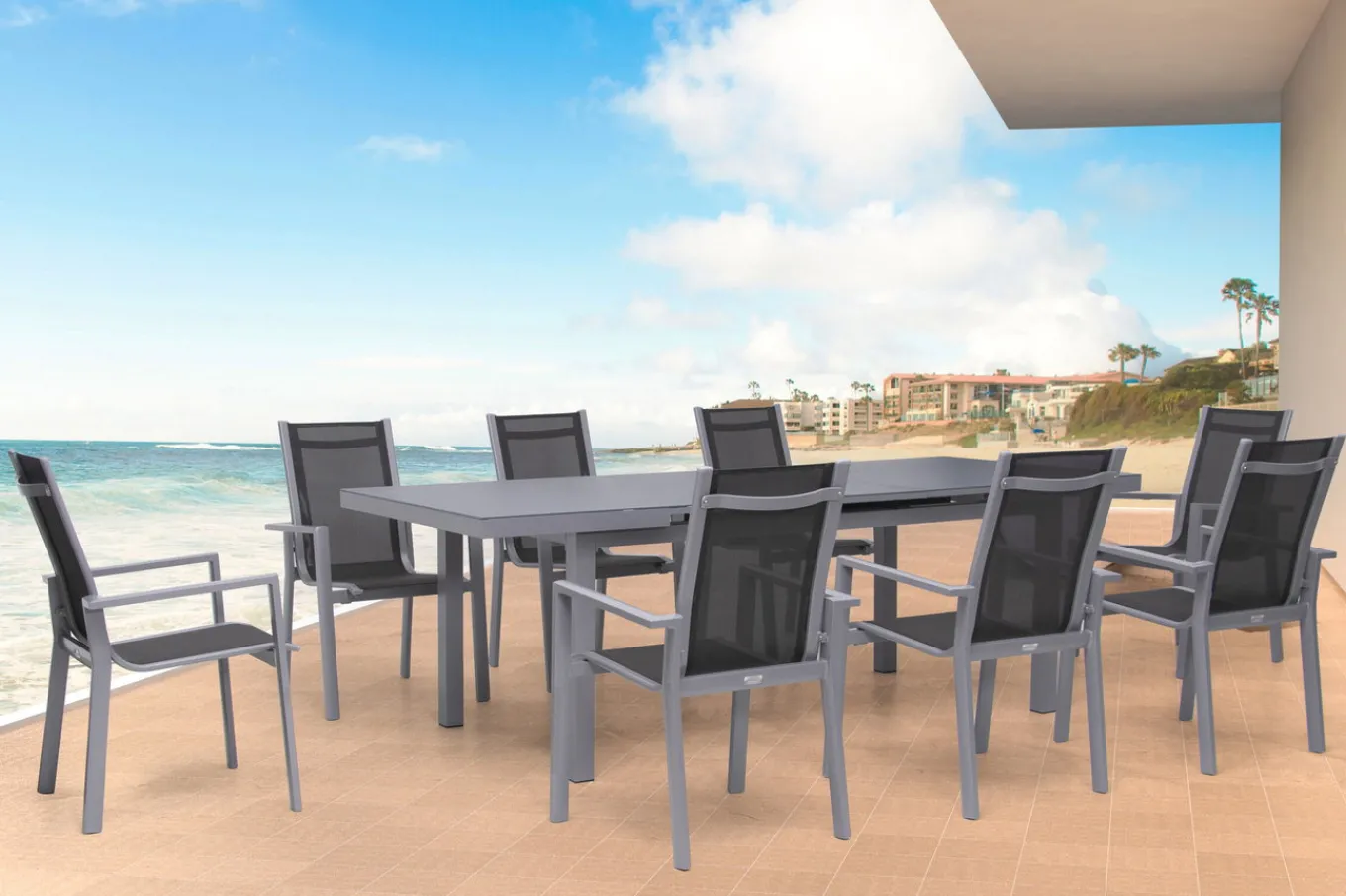 Outlet Premium Garten-Essgruppe, silber/grau, Alu/Textilene, Ausziehtisch 180/240 x 100 cm, 8 Stapelsessel Garten-Essgruppen