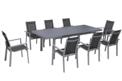 Outlet Premium Garten-Essgruppe, silber/grau, Alu/Textilene, Ausziehtisch 180/240 x 100 cm, 8 Stapelsessel Garten-Essgruppen