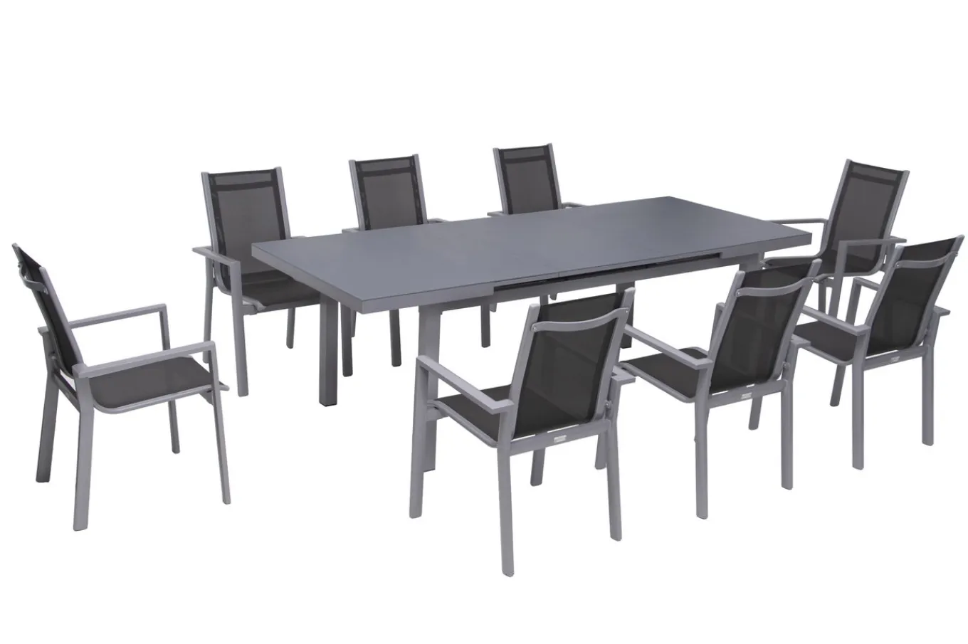 Outlet Premium Garten-Essgruppe, silber/grau, Alu/Textilene, Ausziehtisch 180/240 x 100 cm, 8 Stapelsessel Garten-Essgruppen