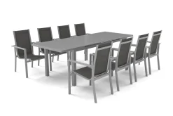Outlet Premium Garten-Essgruppe, silber/grau, Alu/Textilene, Ausziehtisch 180/240 x 100 cm, 8 Stapelsessel Garten-Essgruppen
