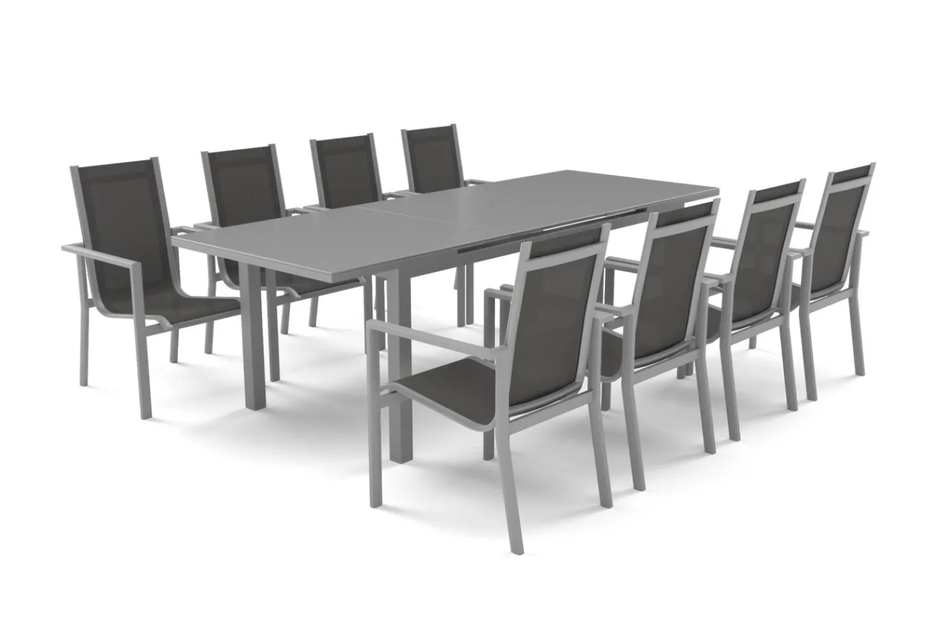 Outlet Premium Garten-Essgruppe, silber/grau, Alu/Textilene, Ausziehtisch 180/240 x 100 cm, 8 Stapelsessel Garten-Essgruppen