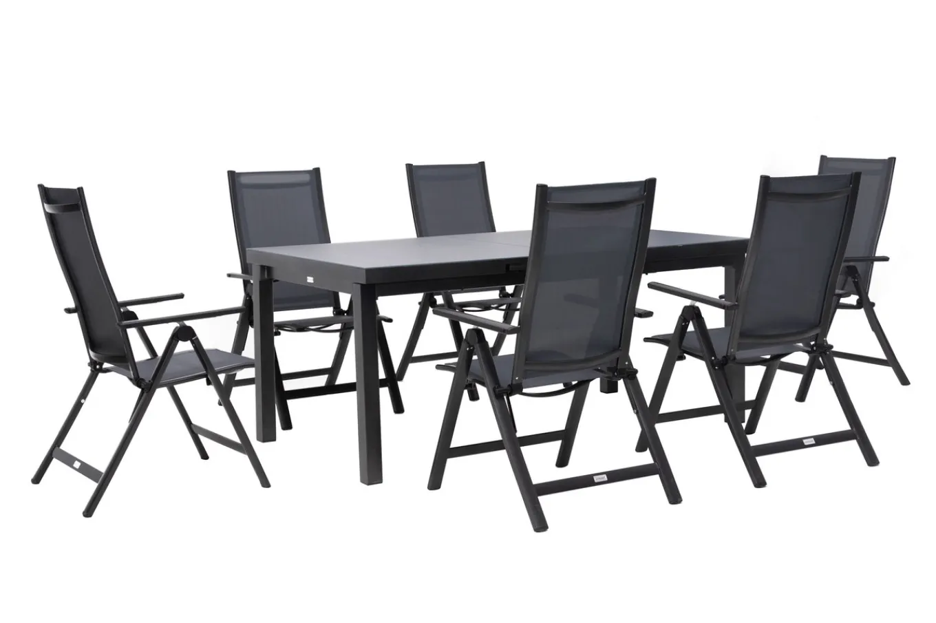 Clearance Premium Garten-Essgruppe, anthrazit/grau, Alu/Textilene, Ausziehtisch 180/240x100cm, 6 Klappstühle Garten-Essgruppen