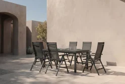 Clearance Premium Garten-Essgruppe, anthrazit/grau, Alu/Textilene, Ausziehtisch 180/240x100cm, 6 Klappstühle Garten-Essgruppen