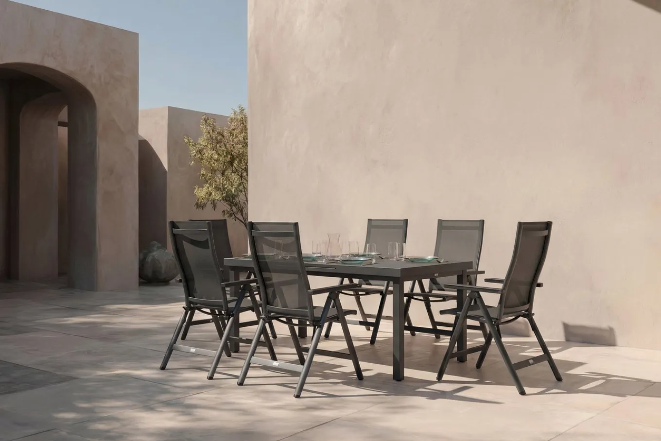 Clearance Premium Garten-Essgruppe, anthrazit/grau, Alu/Textilene, Ausziehtisch 180/240x100cm, 6 Klappstühle Garten-Essgruppen