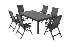 Clearance Premium Garten-Essgruppe, anthrazit/grau, Alu/Textilene, Ausziehtisch 180/240x100cm, 6 Klappstühle Garten-Essgruppen