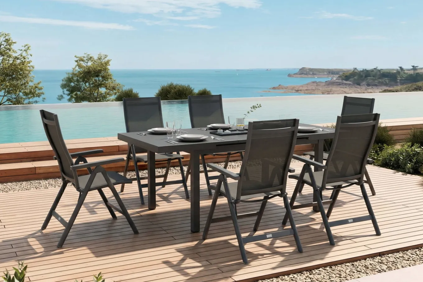 Clearance Premium Garten-Essgruppe, anthrazit/grau, Alu/Textilene, Ausziehtisch 180/240x100cm, 6 Klappstühle Garten-Essgruppen