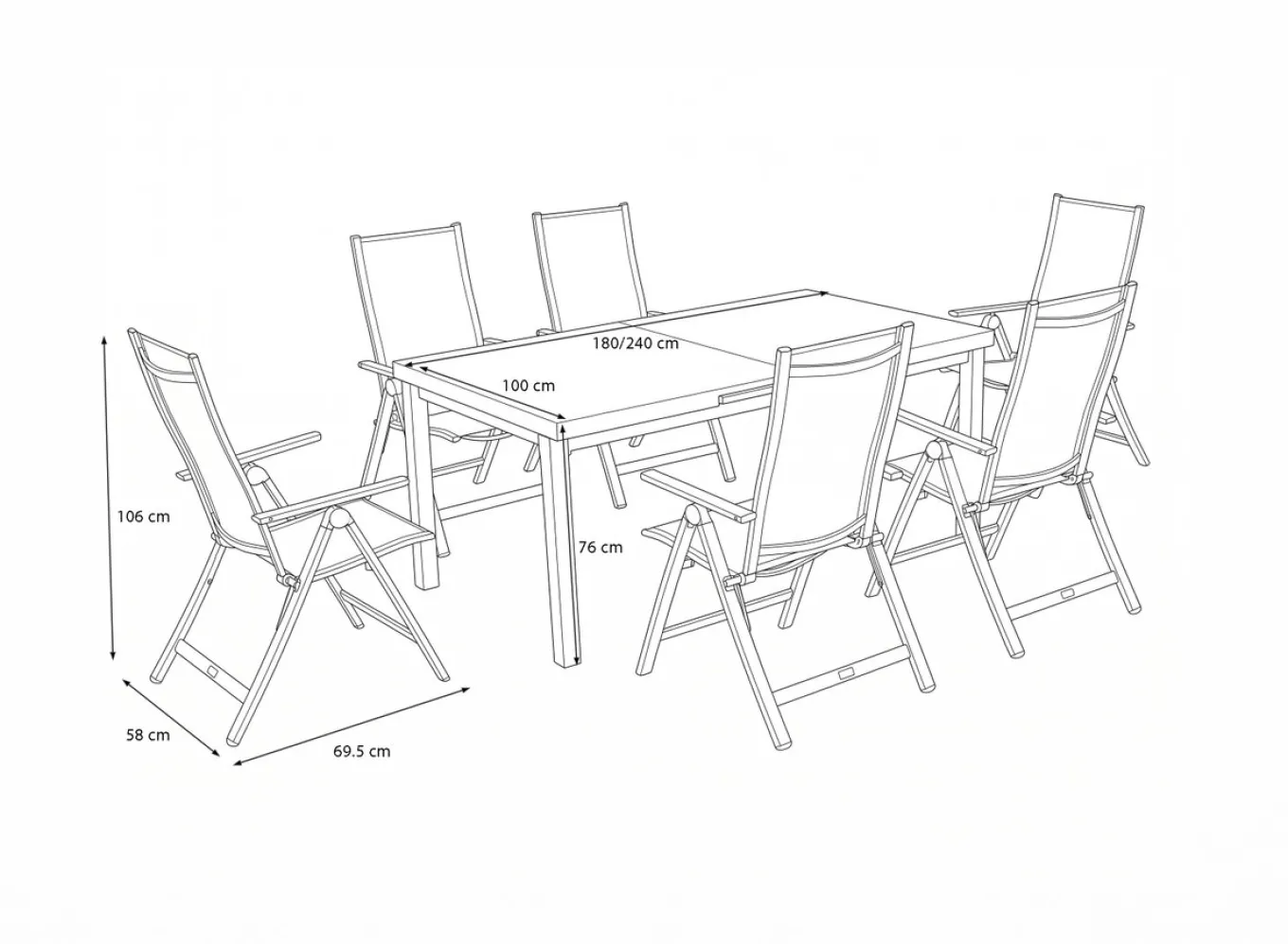 Clearance Premium Garten-Essgruppe, anthrazit/grau, Alu/Textilene, Ausziehtisch 180/240x100cm, 6 Klappstühle Garten-Essgruppen