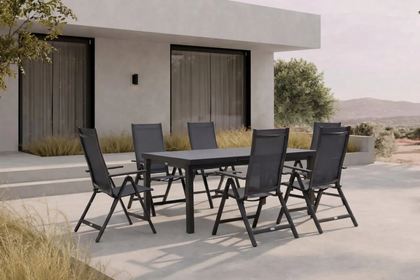 Clearance Premium Garten-Essgruppe, anthrazit/grau, Alu/Textilene, Ausziehtisch 180/240x100cm, 6 Klappstühle Garten-Essgruppen