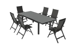 Clearance Premium Garten-Essgruppe, anthrazit/grau, Alu/Textilene, Ausziehtisch 180/240x100cm, 6 Klappstühle Garten-Essgruppen