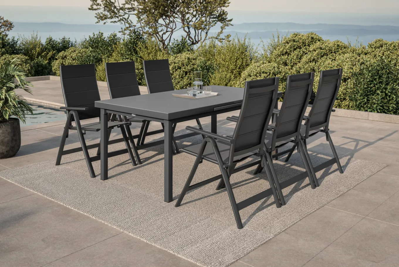 Sale Premium Garten-Essgruppe für 6 Personen, anthrazit/grau, Alu/Sicherheitsglas, Tisch ausziehbar, Stühle klappbar, UV-beständig Garten-Essgruppen|Aluminium-Gartenmöbel