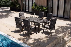 Sale Premium Garten-Essgruppe, anthrazit matt, Aluminium/Polyester/Spraystone/Teak, 160/260 x 100 cm, 6 Stapelsessel Garten-Essgruppen