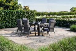 Sale Premium Garten-Essgruppe, anthrazit matt, Aluminium/Polyester/Spraystone/Teak, 160/260 x 100 cm, 6 Stapelsessel Garten-Essgruppen