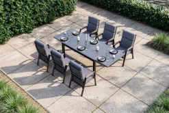 Sale Premium Garten-Essgruppe, anthrazit matt, Aluminium/Polyester/Spraystone/Teak, 160/260 x 100 cm, 6 Stapelsessel Garten-Essgruppen