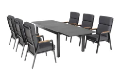Sale Premium Garten-Essgruppe, anthrazit matt, Aluminium/Polyester/Spraystone/Teak, 160/260 x 100 cm, 6 Stapelsessel Garten-Essgruppen