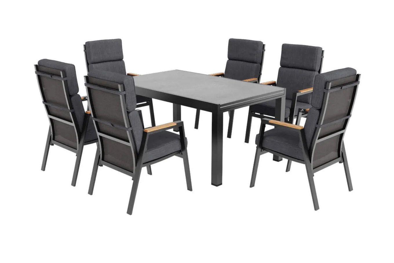 Sale Premium Garten-Essgruppe, anthrazit matt, Aluminium/Polyester/Spraystone/Teak, 160/260 x 100 cm, 6 Stapelsessel Garten-Essgruppen