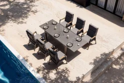Sale Premium Garten-Essgruppe, anthrazit matt, Aluminium/Polyester/Spraystone/Teak, 160/260 x 100 cm, 6 Stapelsessel Garten-Essgruppen