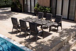 Sale Premium Garten-Essgruppe, anthrazit matt, Aluminium/Polyester/Spraystone/Teak, 160/260 x 100 cm, 6 Stapelsessel Garten-Essgruppen