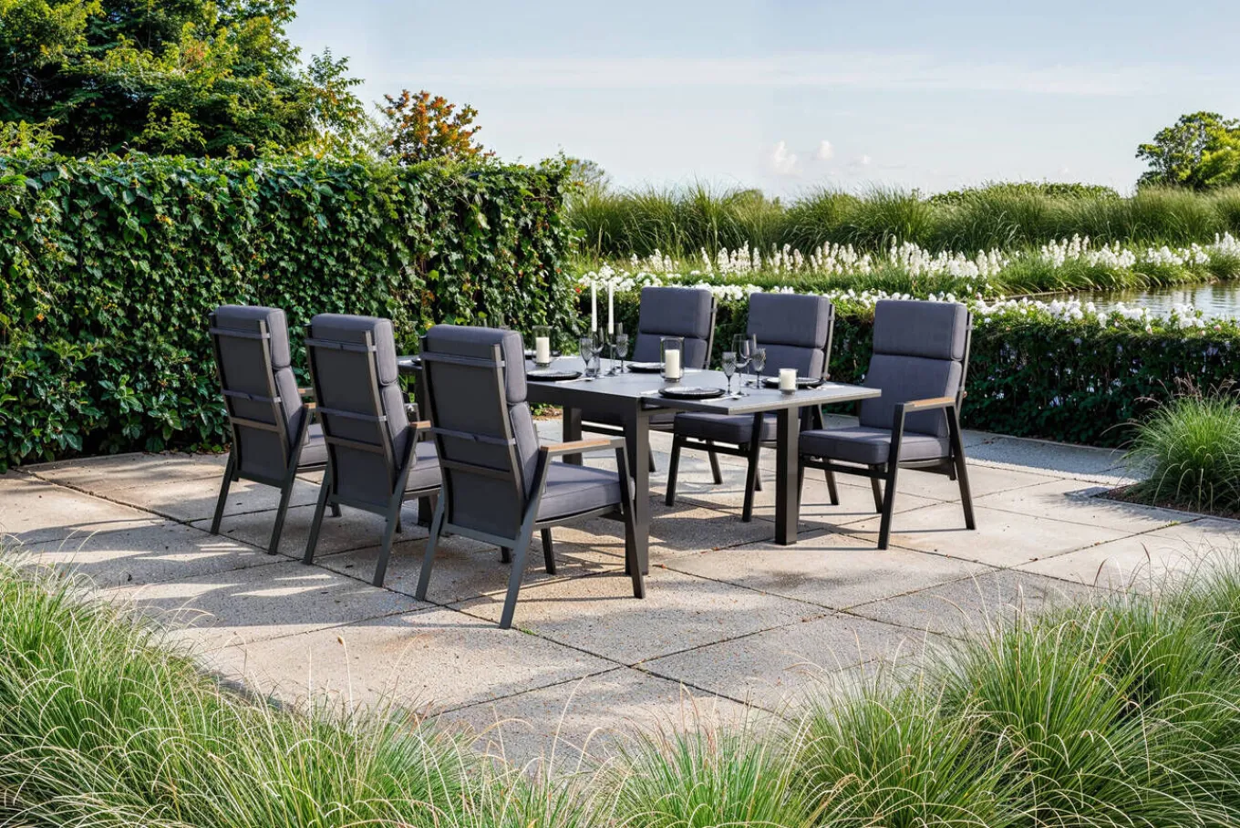 Sale Premium Garten-Essgruppe, anthrazit matt, Aluminium/Polyester/Spraystone/Teak, 160/260 x 100 cm, 6 Stapelsessel Garten-Essgruppen