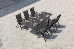 Online Premium Garten-Essgruppe, anthrazit matt/schwarz, Alu/Spraystone/Textilene, 160/260 x 100 cm, 6 Klappstühle inkl. 6 Auflagen Garten-Essgruppen