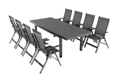 Discount Premium Garten-Essgruppe, anthrazit/grau, Alu/Textilene, Ausziehtisch 180/240x100cm, 8 Klappstühle Garten-Essgruppen