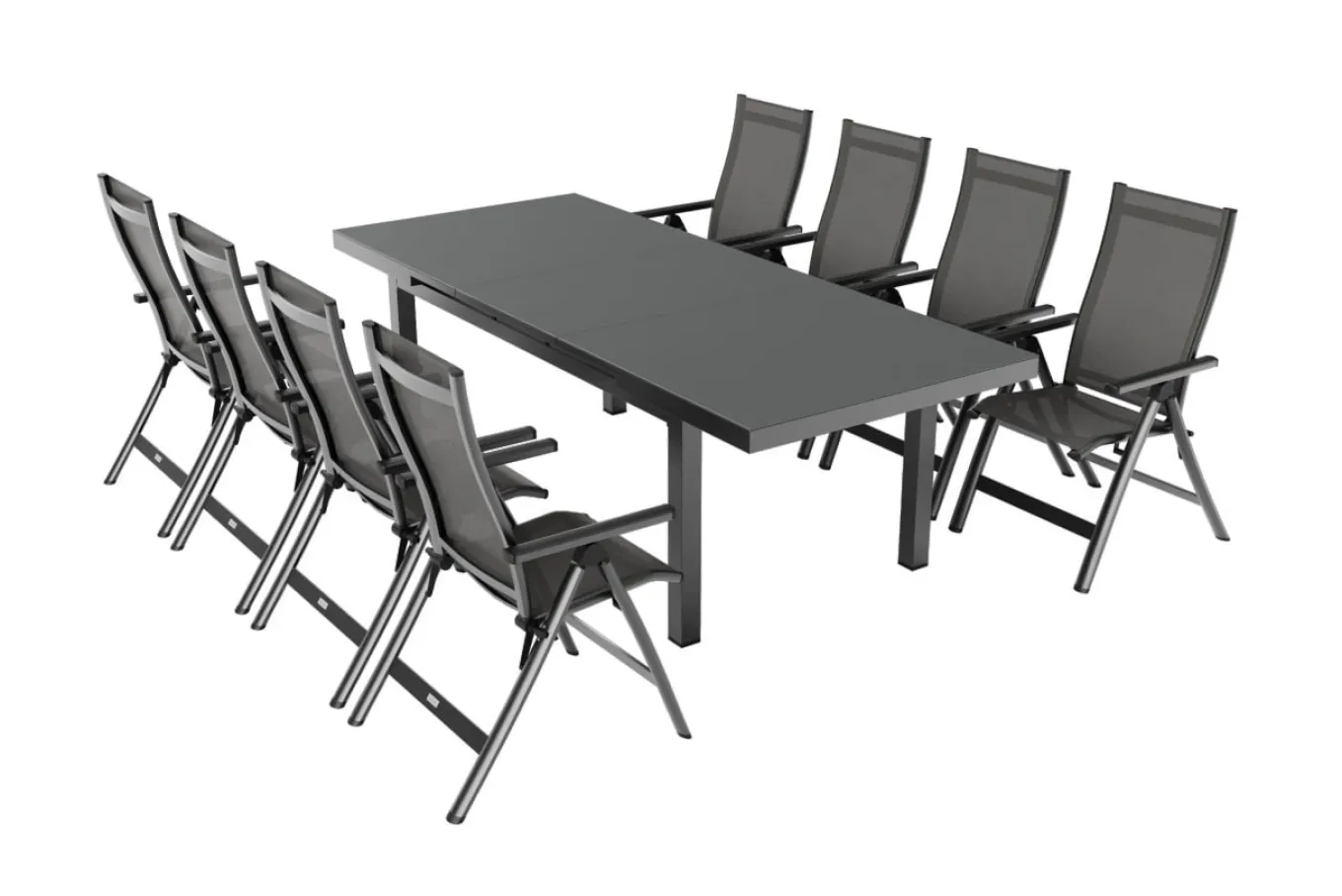 Discount Premium Garten-Essgruppe, anthrazit/grau, Alu/Textilene, Ausziehtisch 180/240x100cm, 8 Klappstühle Garten-Essgruppen