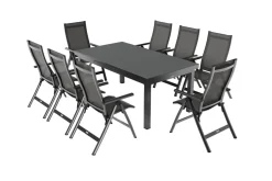 Discount Premium Garten-Essgruppe, anthrazit/grau, Alu/Textilene, Ausziehtisch 180/240x100cm, 8 Klappstühle Garten-Essgruppen