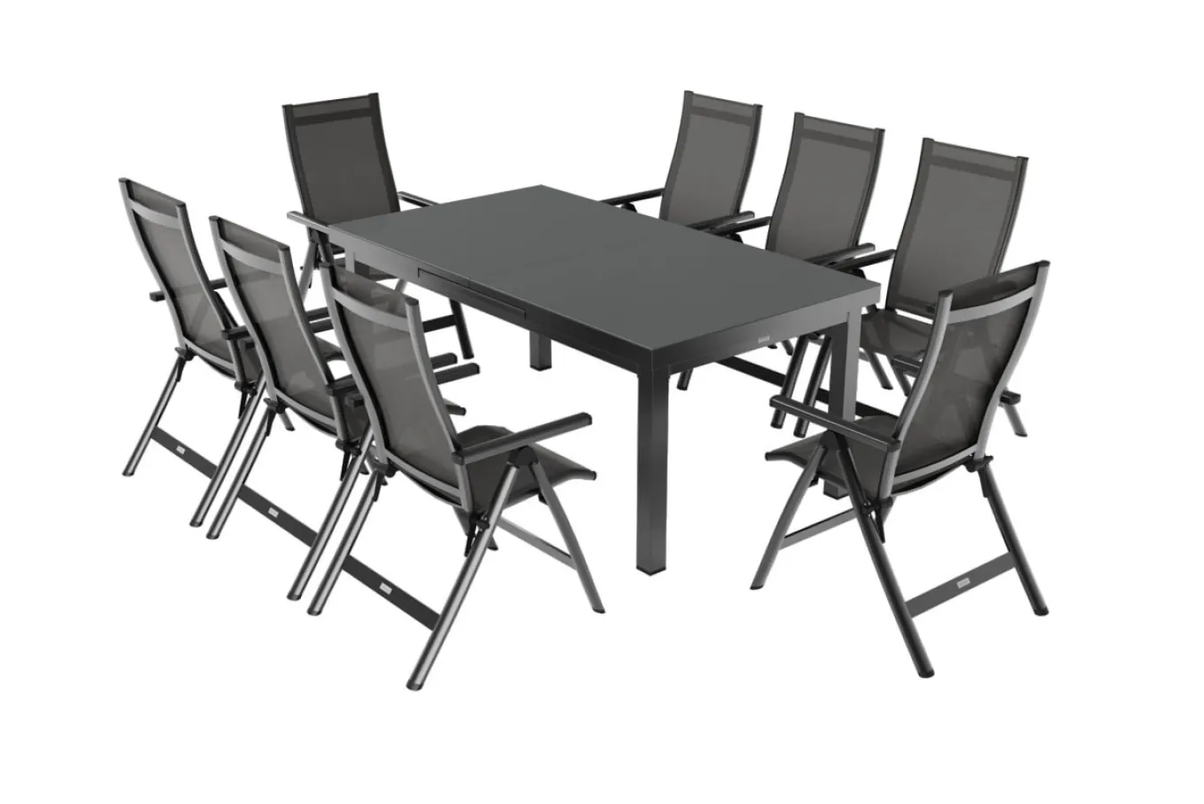 Discount Premium Garten-Essgruppe, anthrazit/grau, Alu/Textilene, Ausziehtisch 180/240x100cm, 8 Klappstühle Garten-Essgruppen