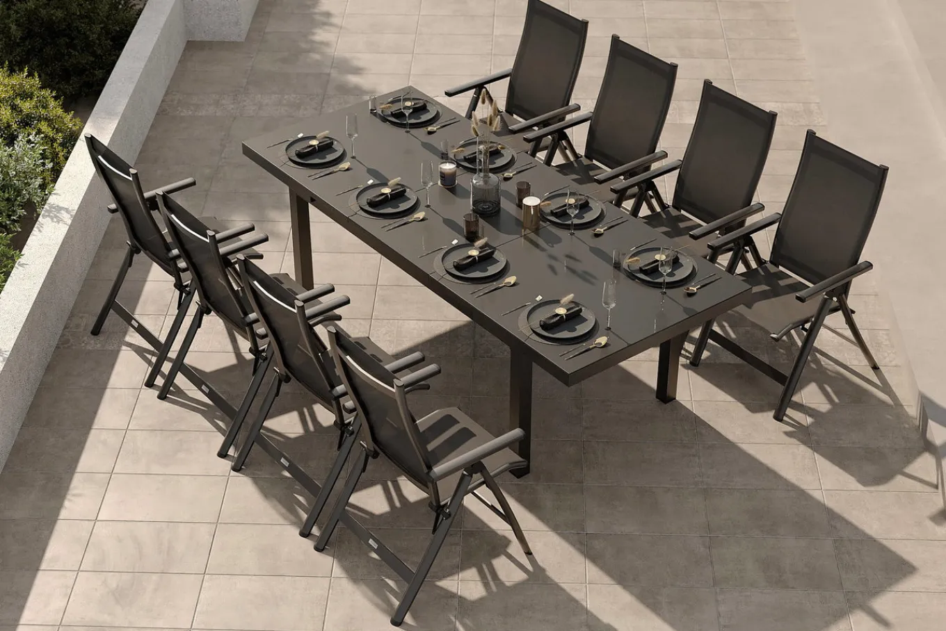 Discount Premium Garten-Essgruppe, anthrazit/grau, Alu/Textilene, Ausziehtisch 180/240x100cm, 8 Klappstühle Garten-Essgruppen