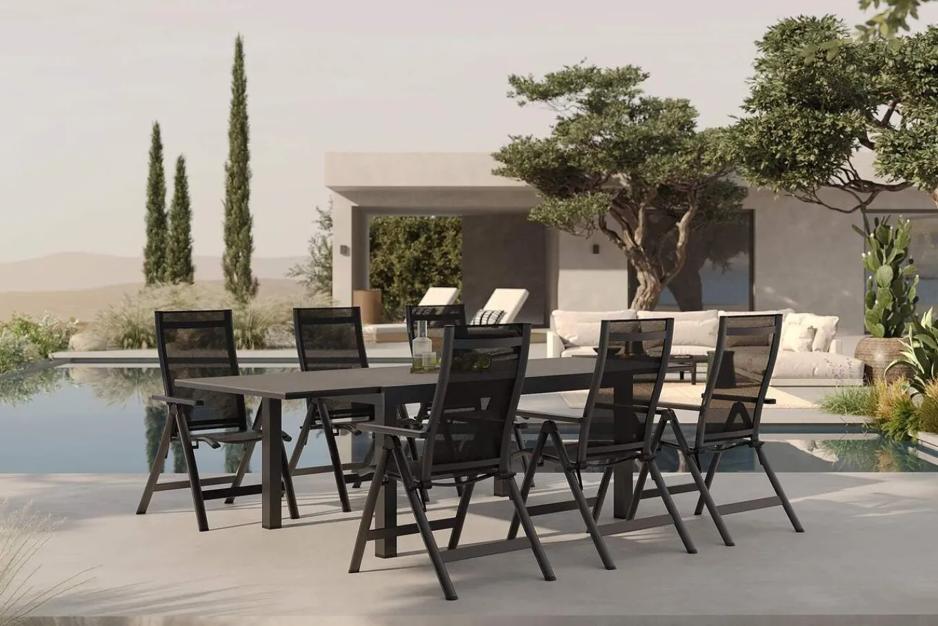 Sale Premium Garten-Essgruppe, anthrazit matt/schwarz, Alu/Textilene/Spraystone, Tisch 160/260 x 100 cm, ausziehbar, 6 Klappstühle Garten-Essgruppen