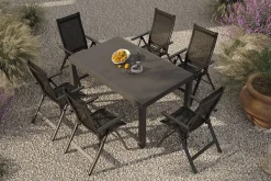 Sale Premium Garten-Essgruppe, anthrazit matt/schwarz, Alu/Textilene/Spraystone, Tisch 160/260 x 100 cm, ausziehbar, 6 Klappstühle Garten-Essgruppen