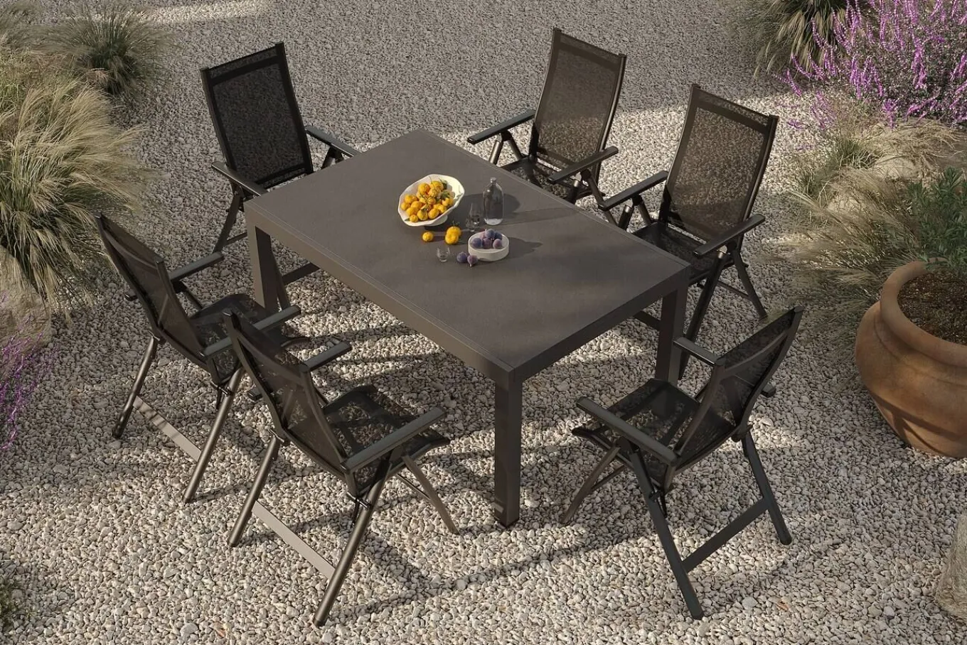 Sale Premium Garten-Essgruppe, anthrazit matt/schwarz, Alu/Textilene/Spraystone, Tisch 160/260 x 100 cm, ausziehbar, 6 Klappstühle Garten-Essgruppen