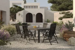 Sale Premium Garten-Essgruppe, anthrazit matt/schwarz, Alu/Textilene/Spraystone, Tisch 160/260 x 100 cm, ausziehbar, 6 Klappstühle Garten-Essgruppen