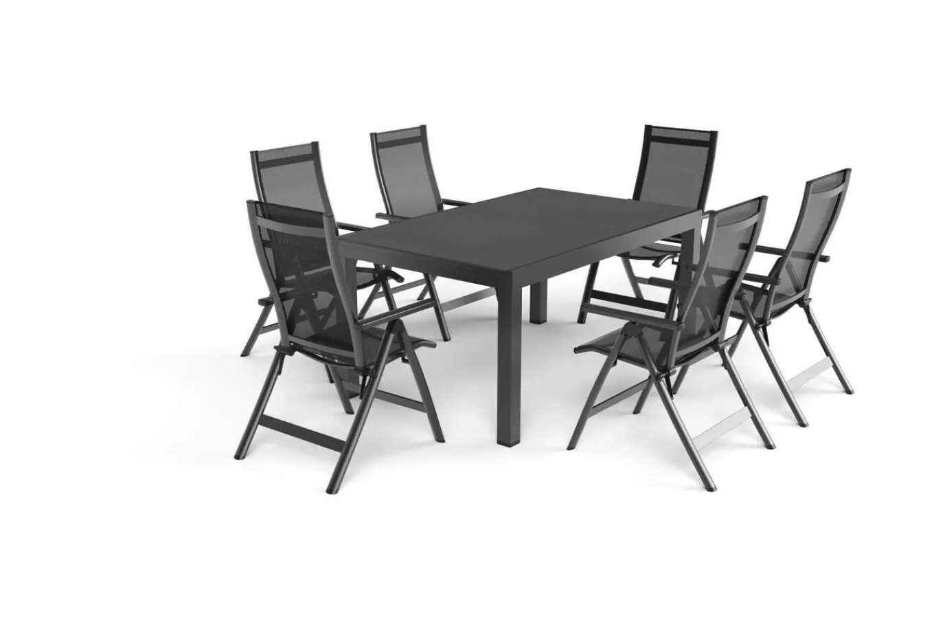 Sale Premium Garten-Essgruppe, anthrazit matt/schwarz, Alu/Textilene/Spraystone, Tisch 160/260 x 100 cm, ausziehbar, 6 Klappstühle Garten-Essgruppen