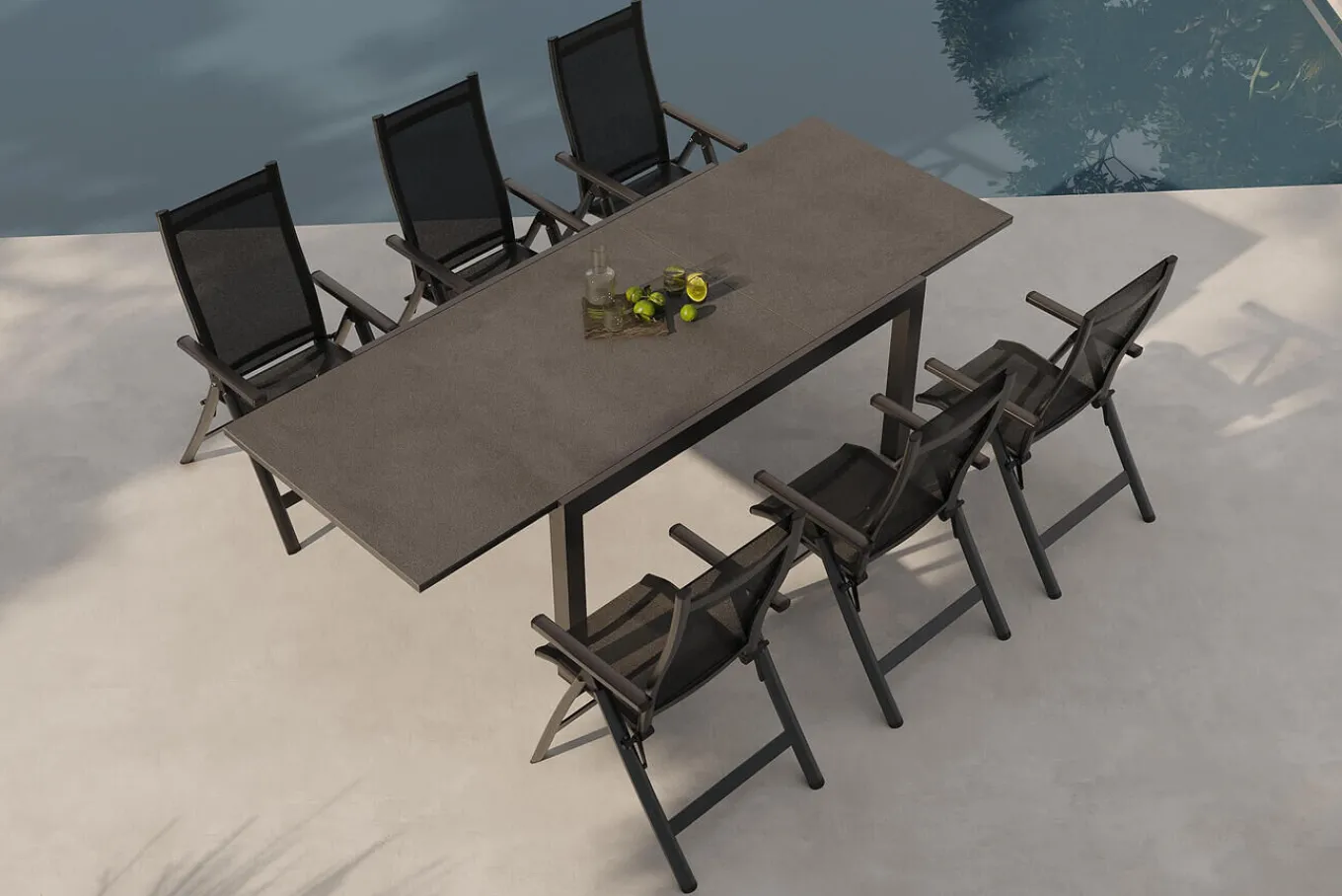 Sale Premium Garten-Essgruppe, anthrazit matt/schwarz, Alu/Textilene/Spraystone, Tisch 160/260 x 100 cm, ausziehbar, 6 Klappstühle Garten-Essgruppen