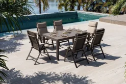 New Premium Garten-Essgruppe, anthrazit matt/schwarz/natur, Alu/Spraystone/Textilene, 160/260 x 100 cm, 6 Klappstühle inkl. 6 Auflagen Garten-Essgruppen