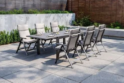 New Premium Garten-Essgruppe, anthrazit matt/schwarz/natur, Alu/Spraystone/Textilene, 160/260 x 100 cm, 6 Klappstühle inkl. 6 Auflagen Garten-Essgruppen