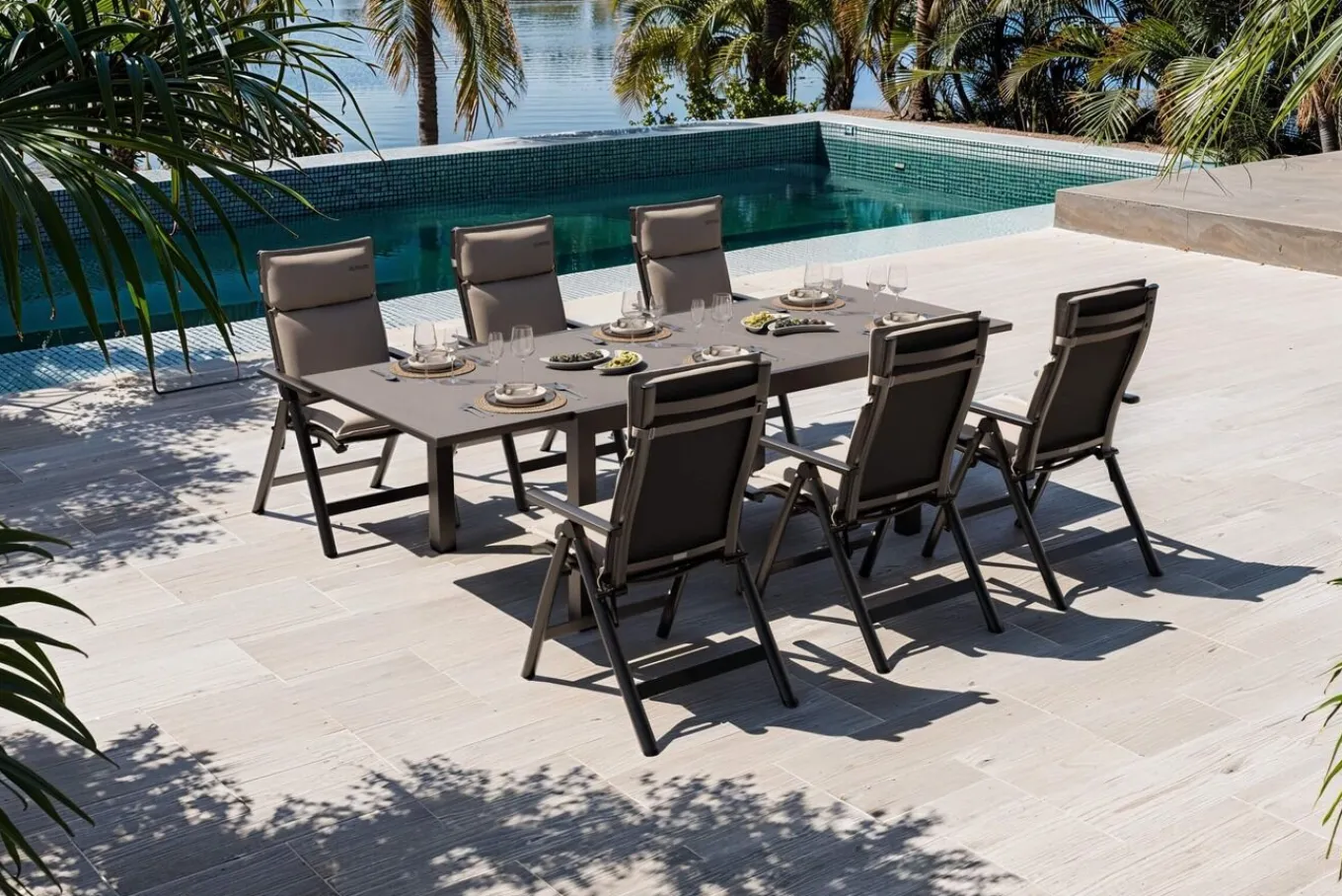 New Premium Garten-Essgruppe, anthrazit matt/schwarz/natur, Alu/Spraystone/Textilene, 160/260 x 100 cm, 6 Klappstühle inkl. 6 Auflagen Garten-Essgruppen