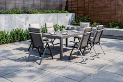 New Premium Garten-Essgruppe, anthrazit matt/schwarz/natur, Alu/Spraystone/Textilene, 160/260 x 100 cm, 6 Klappstühle inkl. 6 Auflagen Garten-Essgruppen