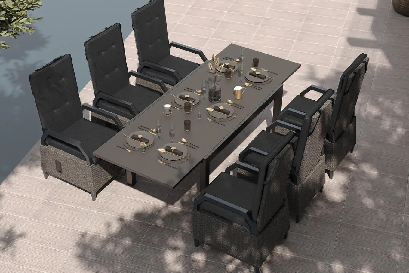 Clearance Premium Garten-Essgruppe, anthrazit matt/grau, Aluminium Polyrattan, Tisch 160/260 x 100 cm, 6 Dining-Sessel Garten-Essgruppen