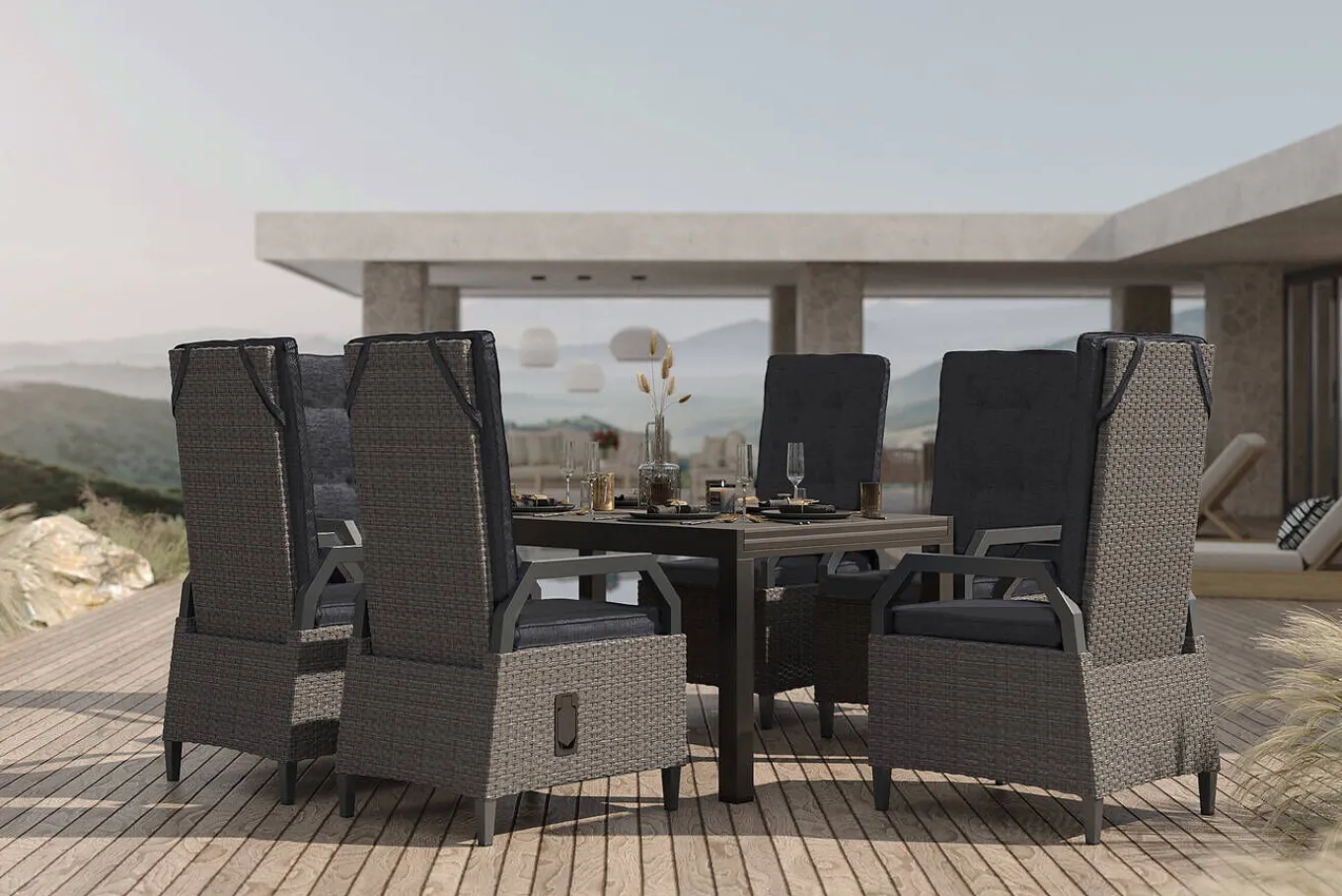 Clearance Premium Garten-Essgruppe, anthrazit matt/grau, Aluminium Polyrattan, Tisch 160/260 x 100 cm, 6 Dining-Sessel Garten-Essgruppen