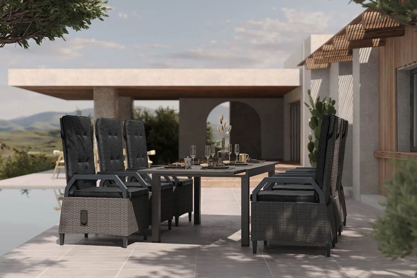 Clearance Premium Garten-Essgruppe, anthrazit matt/grau, Aluminium Polyrattan, Tisch 160/260 x 100 cm, 6 Dining-Sessel Garten-Essgruppen