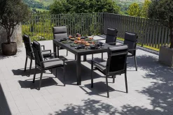 Discount Premium Garten-Essgruppe, anthrazit matt/schwarz, Alu/Spraystone/Textilene, Tisch 160/260 x 100 cm, ausziehbar, 6 Stapelsessel inkl. 6 Auflagen Garten-Essgruppen