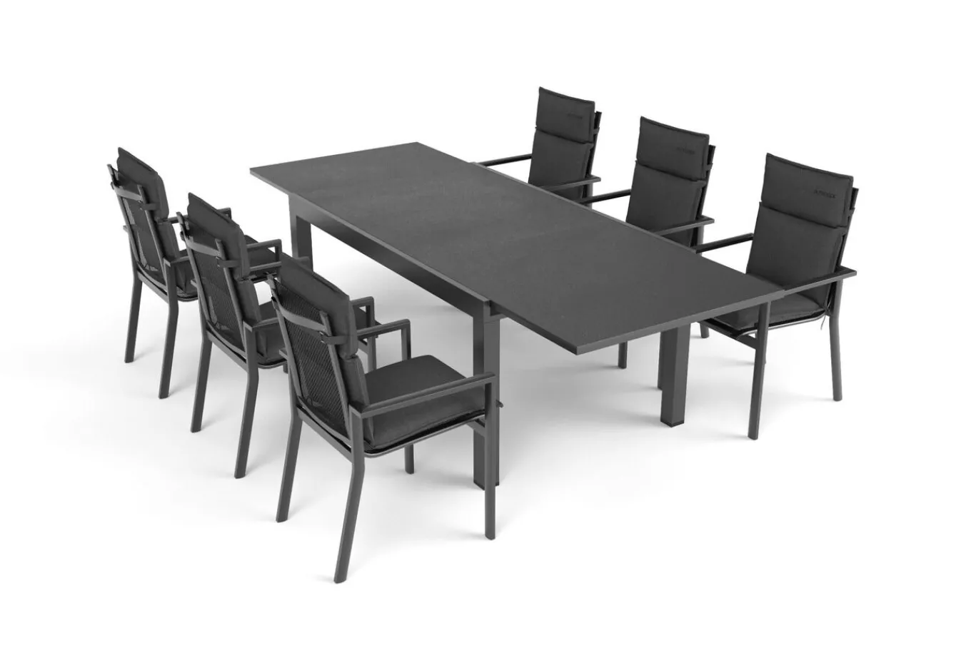 Discount Premium Garten-Essgruppe, anthrazit matt/schwarz, Alu/Spraystone/Textilene, Tisch 160/260 x 100 cm, ausziehbar, 6 Stapelsessel inkl. 6 Auflagen Garten-Essgruppen