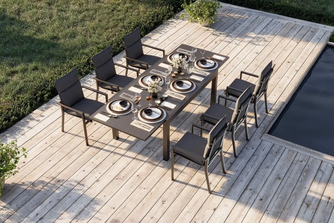 Discount Premium Garten-Essgruppe, anthrazit matt/schwarz, Alu/Spraystone/Textilene, Tisch 160/260 x 100 cm, ausziehbar, 6 Stapelsessel inkl. 6 Auflagen Garten-Essgruppen