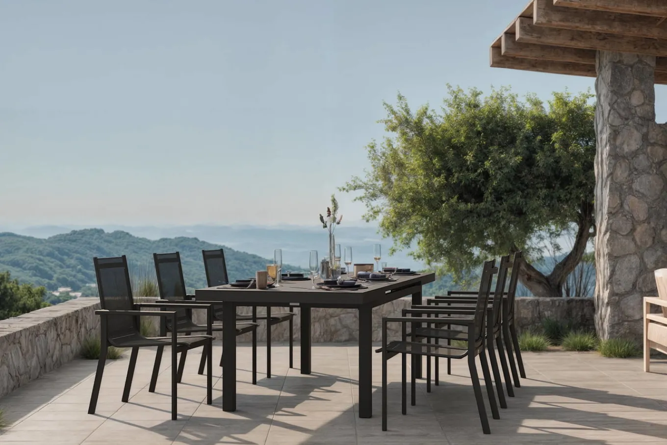 Outlet Premium Garten-Essgruppe, ® anthrazit matt, Alu/Textilene, Tisch 180/240x100cm, 6 Stapelsessel Garten-Essgruppen